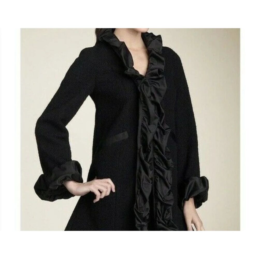 Vintage Nanette Lepore Boucle Satin Ruffle Trim Coat - Black M